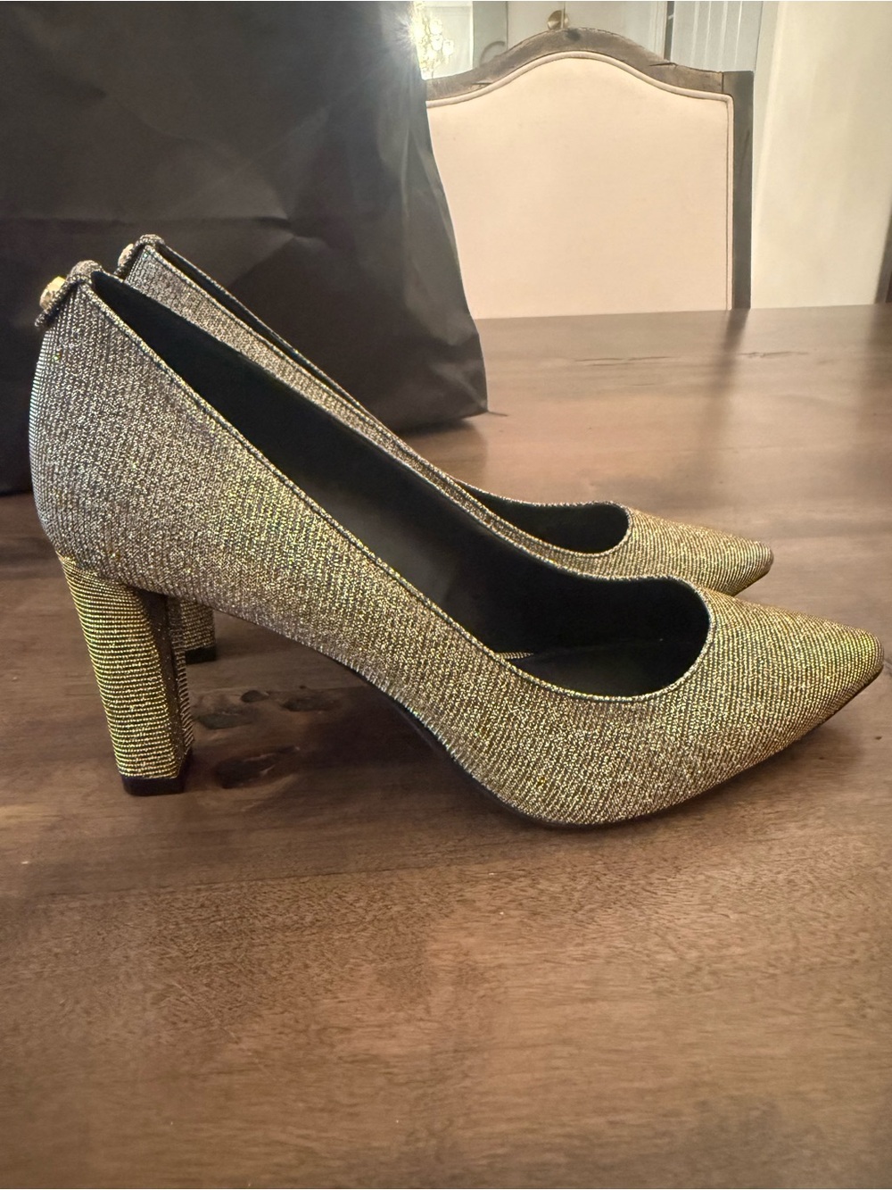 Michael Kors Metallic Gold Glitter Pointed Toe Block Heels